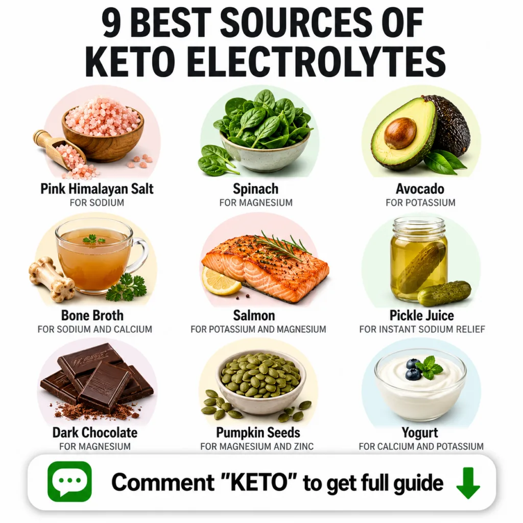 A graphic showing 9 different keto-friendly foods each labeled with its name and the electrolytes it provides arranged i