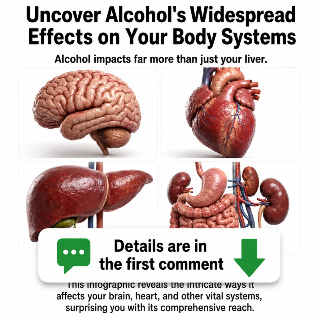 A detailed infographic illustrating the widespread effects of alcohol on various body systems including the brain heart 