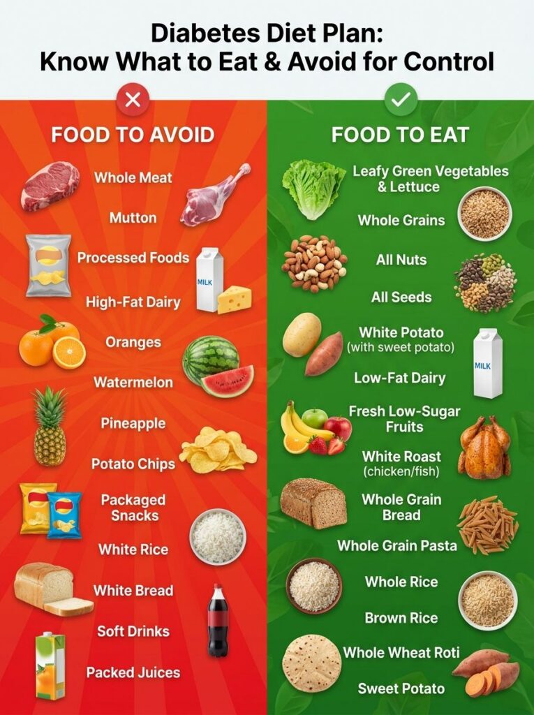 An infographic showing FOOD TO AVOID with items like sugary drinks processed foods and red meat on a red background and