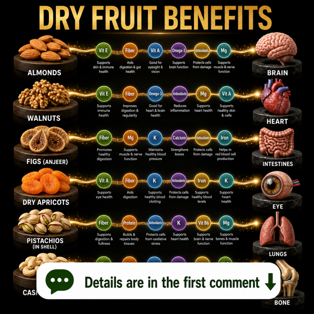 A visually rich infographic showcasing various dry fruits almonds walnuts figs dry apricots pistachios cashews on wooden