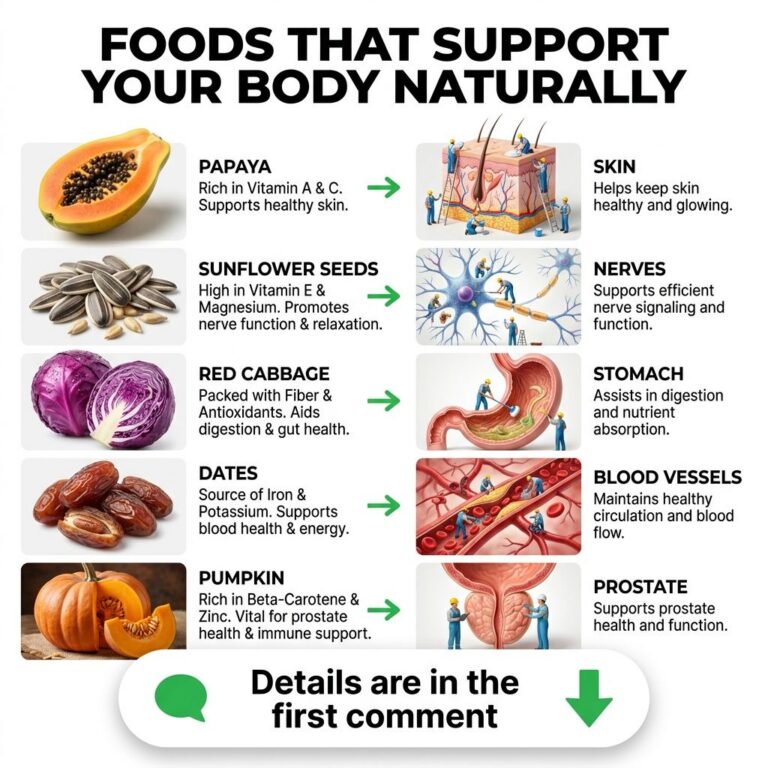 An infographic titled FOODS THAT SUPPORT YOUR BODY NATURALLY showing five foods papaya sunflower seeds red cabbage dates