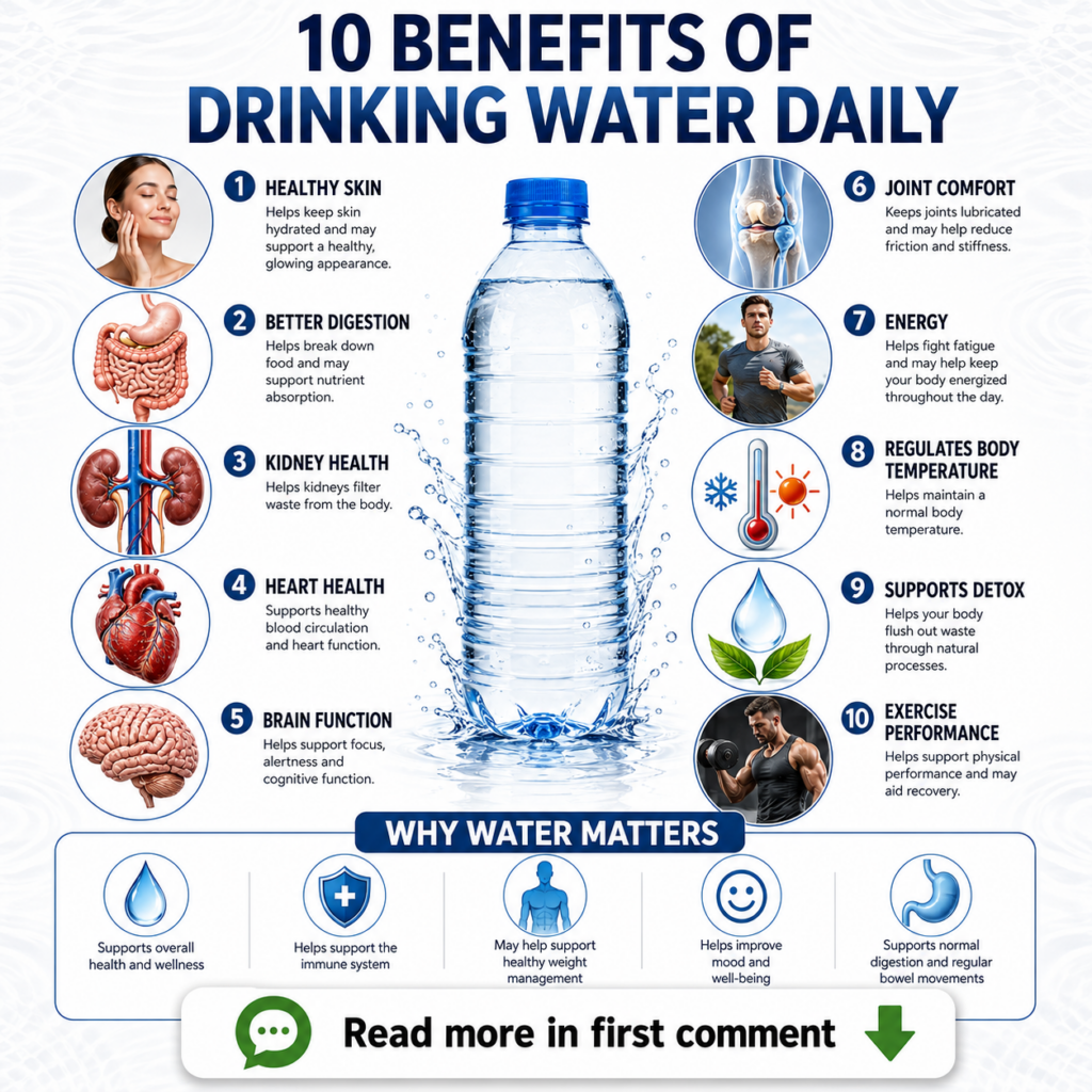An infographic titled 10 BENEFITS OF DRINKING WATER DAILY with a central clear plastic water bottle surrounded by ten ci