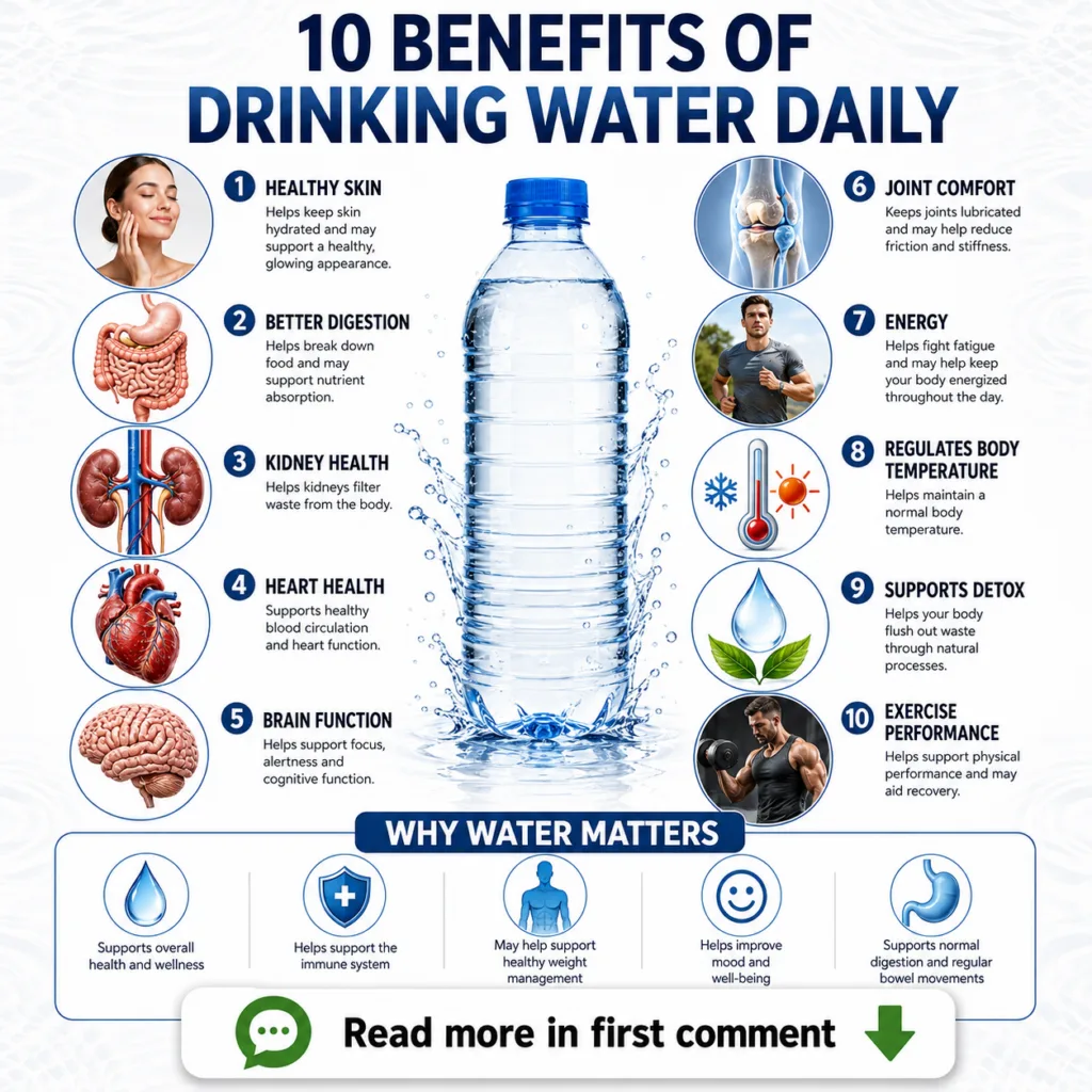 An infographic titled 10 BENEFITS OF DRINKING WATER DAILY with a central clear plastic water bottle surrounded by ten ci
