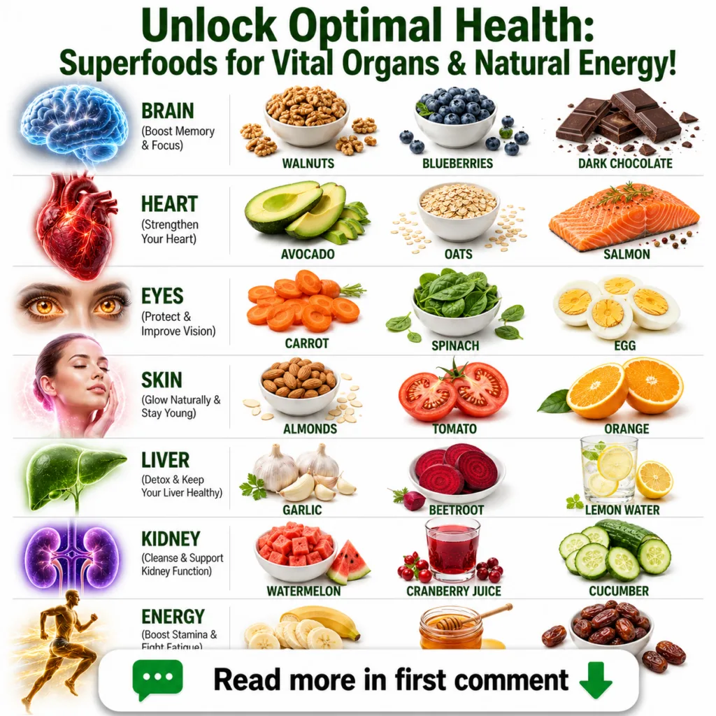 An infographic titled Unlock Optimal Health Superfoods for Vital Organs Natural Energy showing a grid of organs Brain He