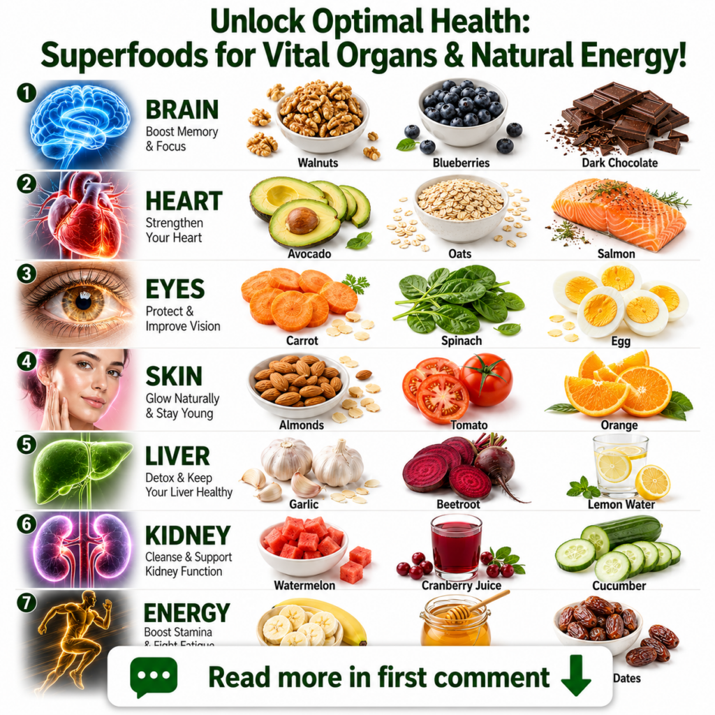 A vibrant infographic illustration showing various superfoods surrounding stylized representations of human organs like