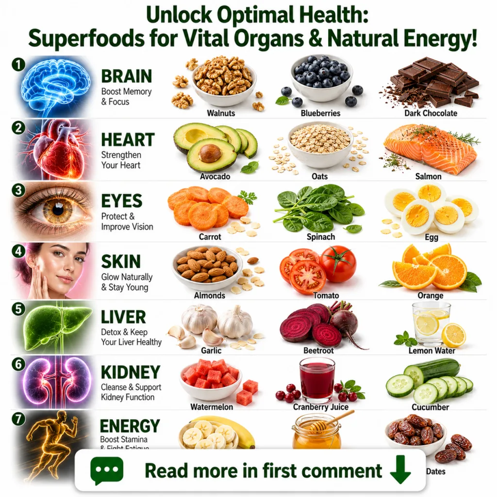 A vibrant infographic illustration showing various superfoods surrounding stylized representations of human organs like 