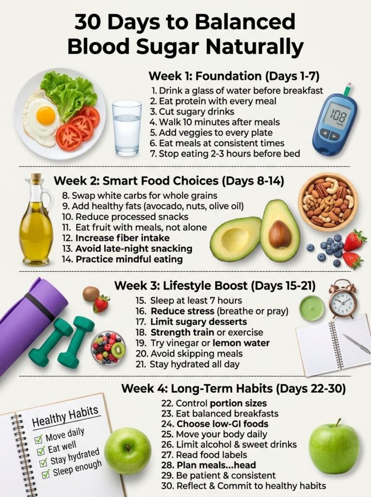A detailed infographic outlining a 30 Days to Balanced Blood Sugar Naturally challenge divided into four weekly sections
