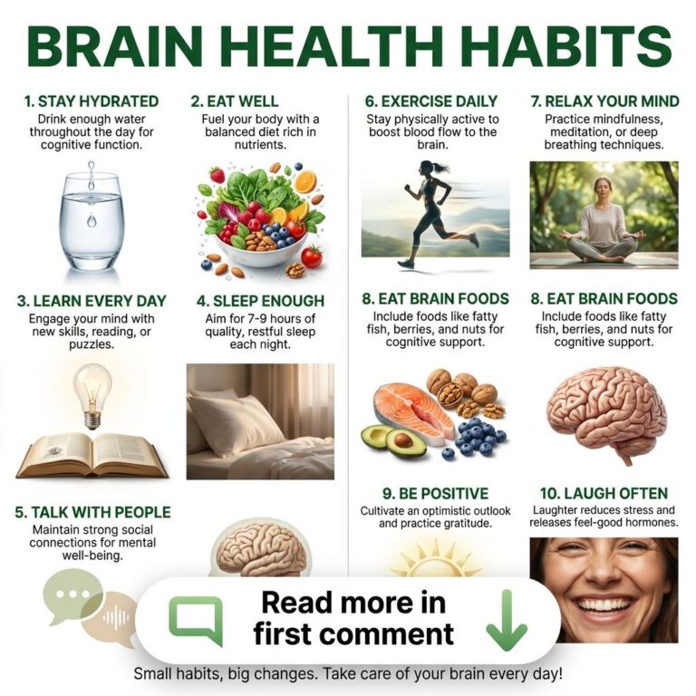 A vibrant infographic titled Brain Health Habits featuring 10 illustrated panels each representing a different habit lik