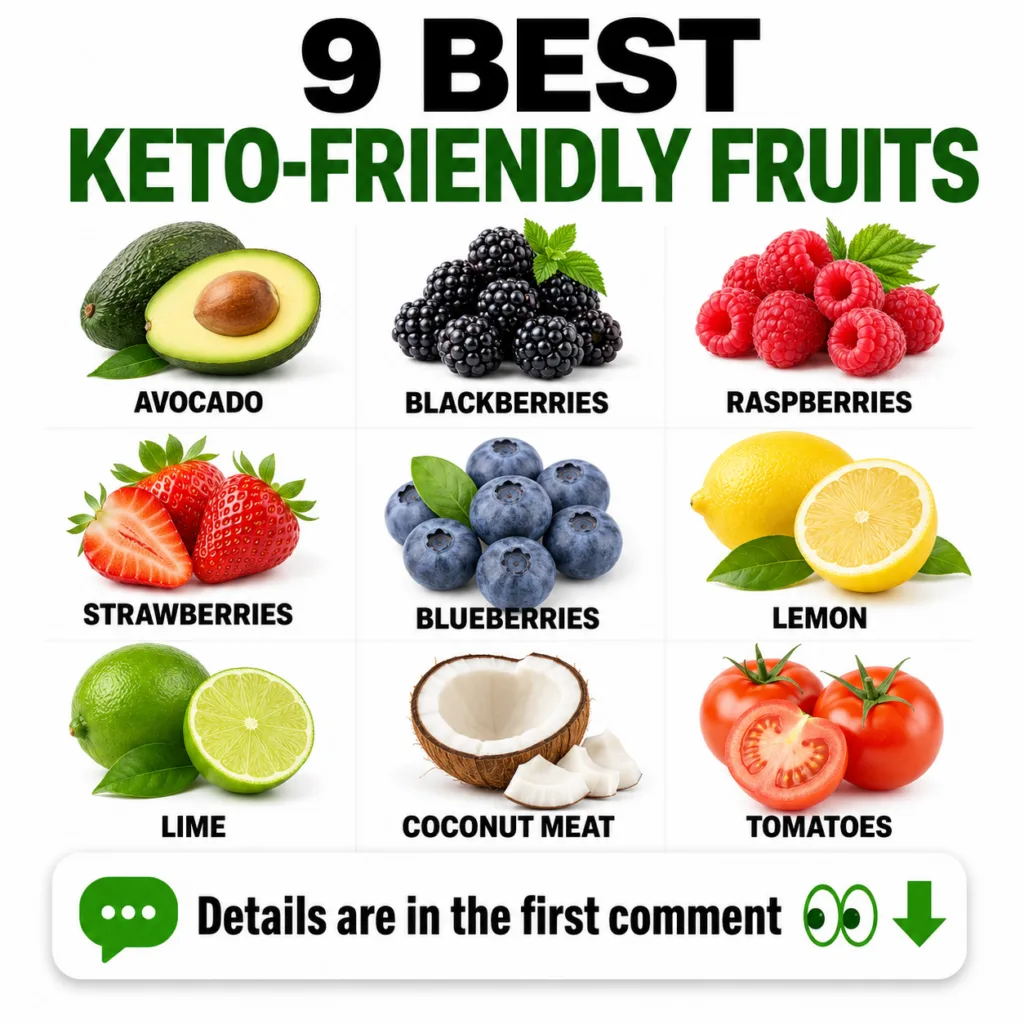 A vibrant array of nine keto-friendly fruits Avocado Blackberries Raspberries Strawberries Blueberries Lemon Lime Coconu