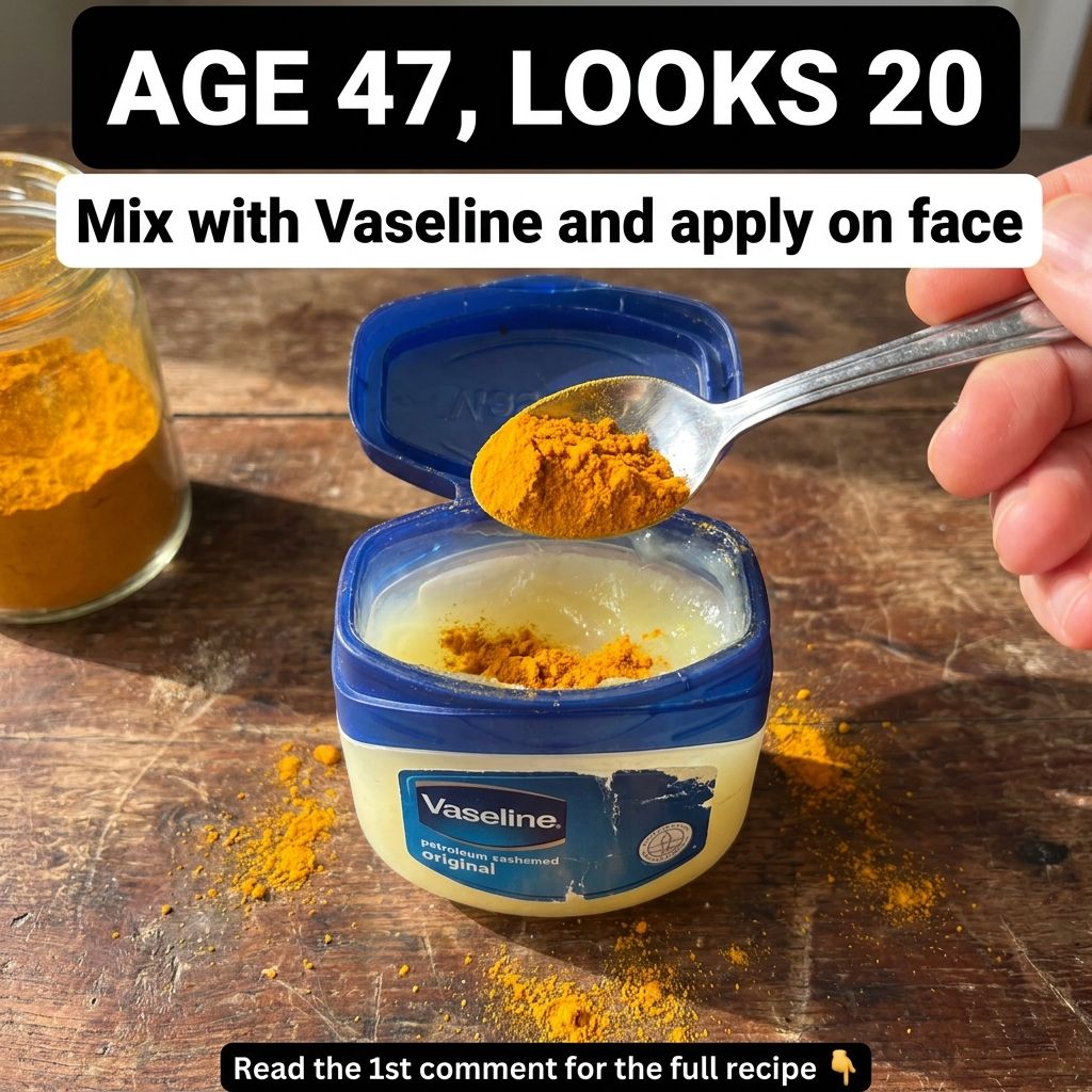 A hand mixing turmeric powder into Vaseline petroleum jelly in a small blue-lidded tub