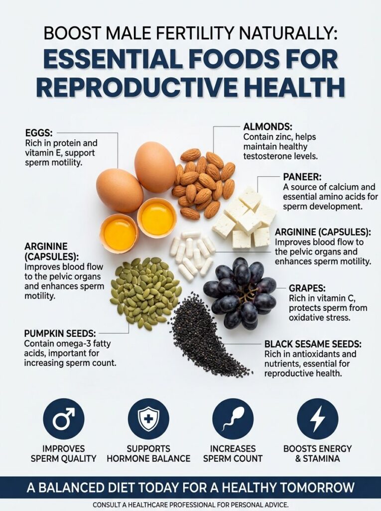 A brightly lit clean infographic featuring various food items like eggs almonds paneer pumpkin seeds black sesame seeds