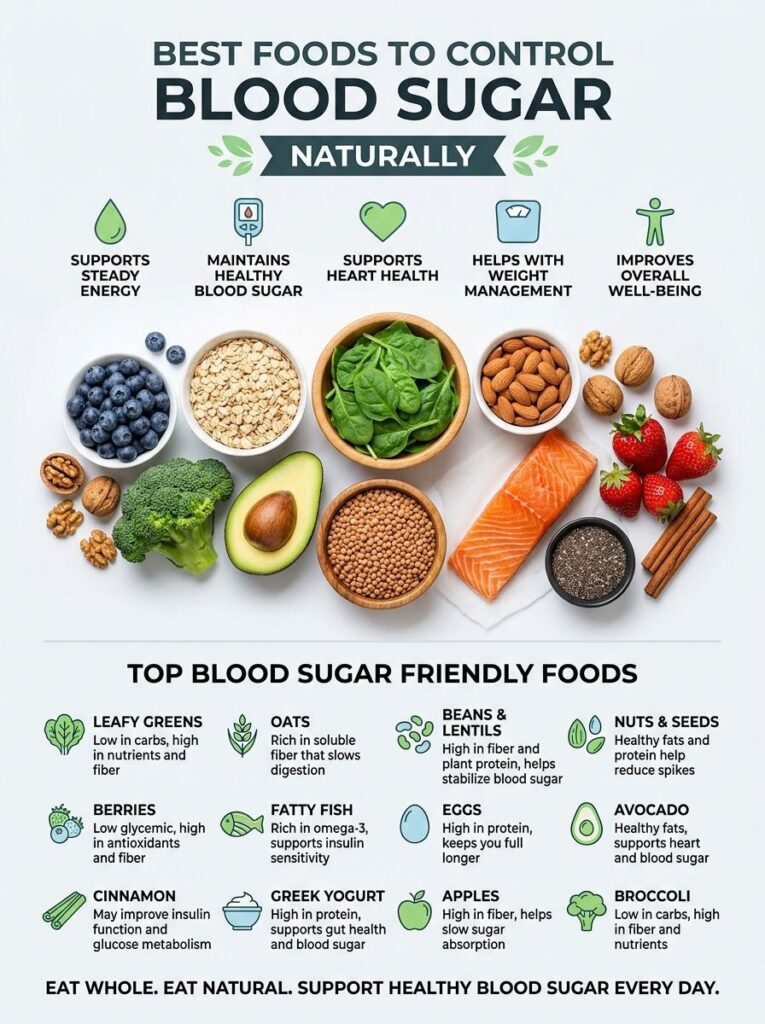 An infographic titled BEST FOODS TO CONTROL BLOOD SUGAR NATURALLY with sections detailing benefits and specific food ite