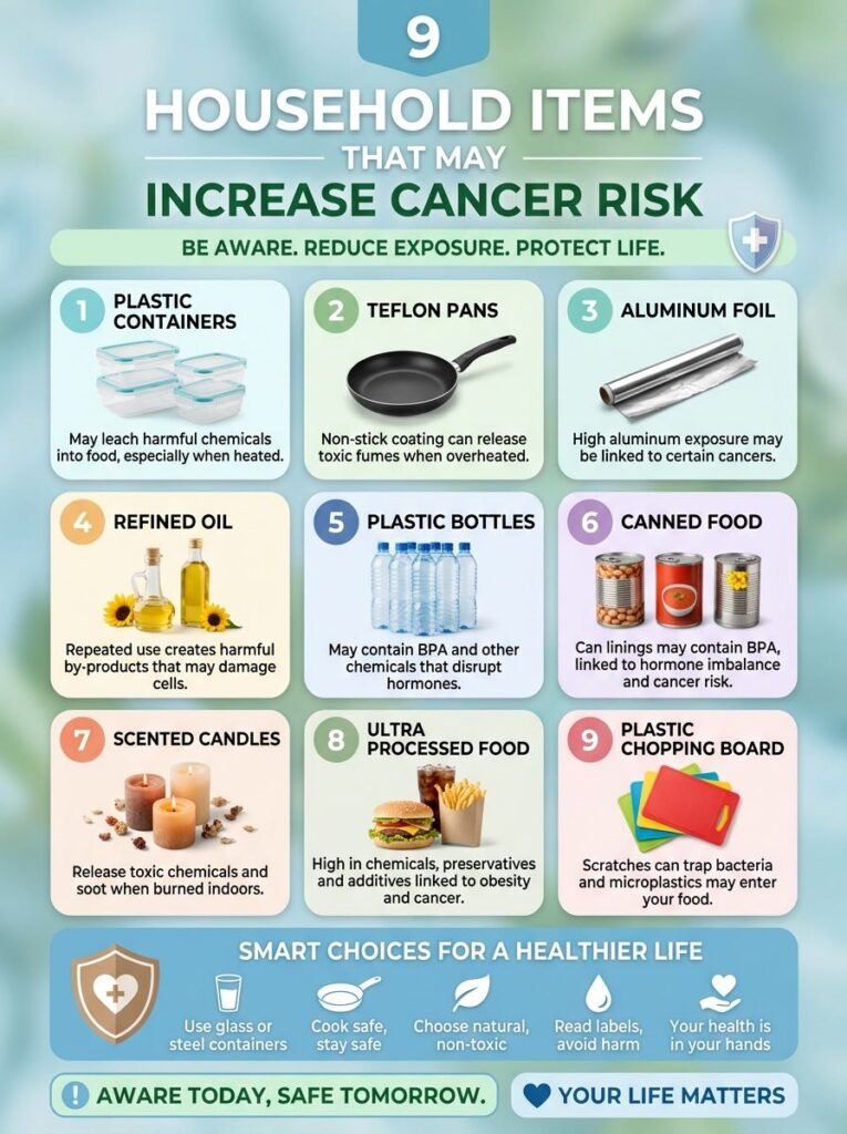 An infographic titled 9 Household Items That May Increase Cancer Risk showing illustrations of plastic containers Teflon