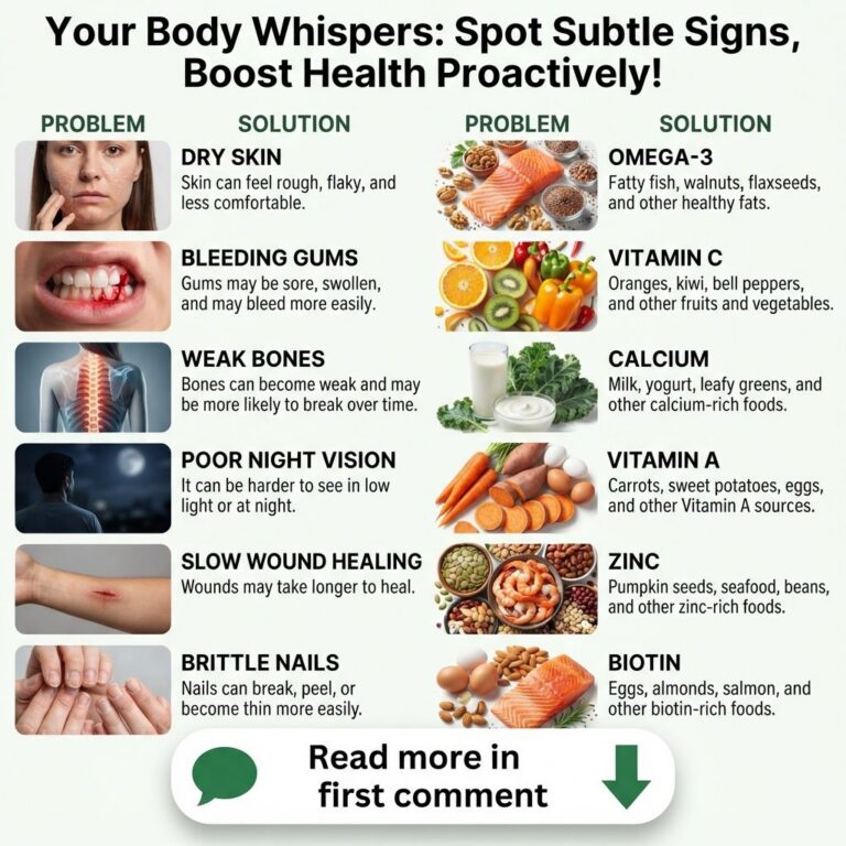 A split image showing various health problems on one side dry skin bleeding gums weak bones poor night vision slow wound