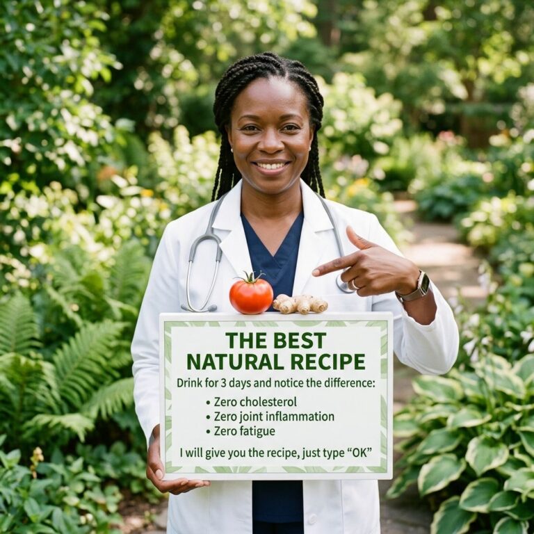 A smiling professional woman in a white lab coat with a stethoscope standing in a green garden She holds a sign that rea