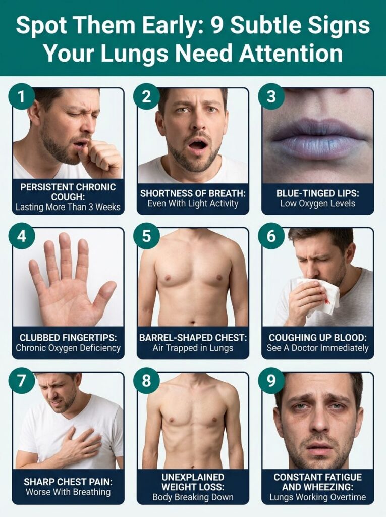 An infographic titled 9 Subtle Signs Your Lungs Need Attention featuring nine panels illustrating symptoms like persiste