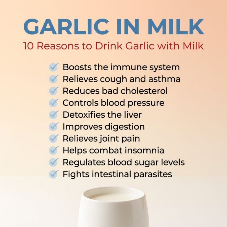 A clear informative graphic listing 10 health benefits of garlic in milk with a prominent headline GARLIC IN MILK and a 