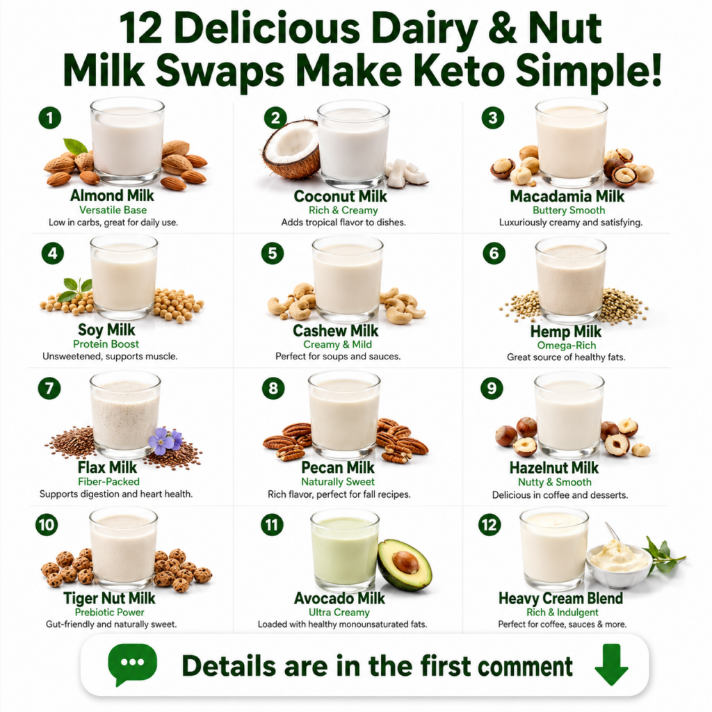 Assortment of keto-friendly milk alternatives in clear glasses with their source ingredients like almonds coconuts cashe