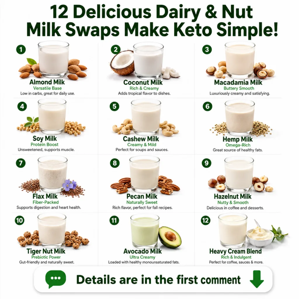 Assortment of keto-friendly milk alternatives in clear glasses with their source ingredients like almonds coconuts cashe