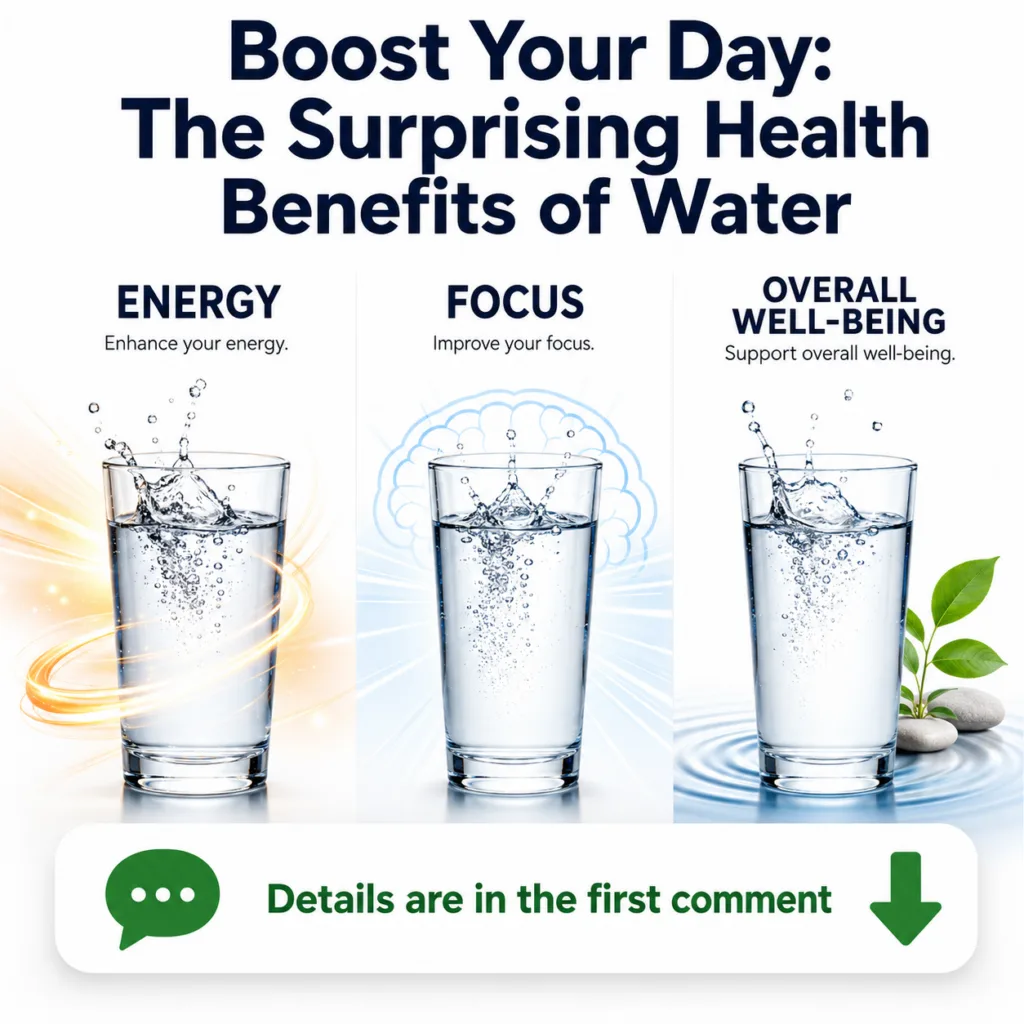 A graphic illustrating the health benefits of water showing three sections ENERGY with a swirling light around a glass o