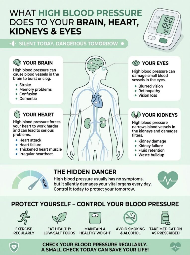 An infographic showing a stylized human figure with highlighted brain heart kidneys and eyes and text explaining how hig