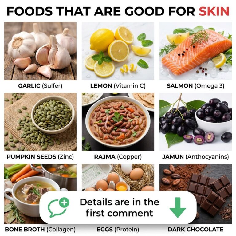 A beautiful flat lay or collage of various healthy foods known to benefit skin such as garlic lemon salmon pumpkin seeds
