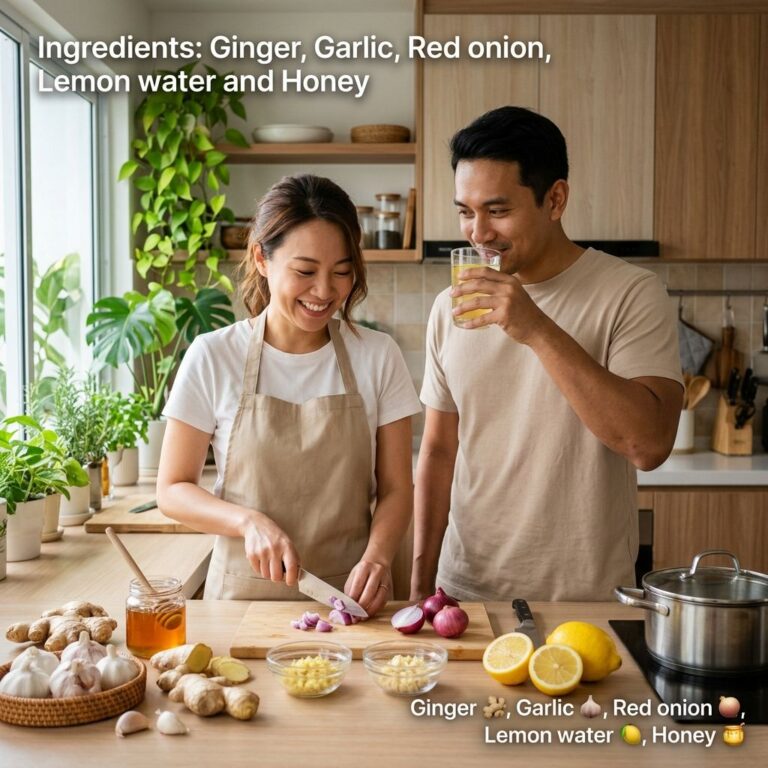 A cheerful couple in a modern kitchen preparing a wellness blend A woman chops red onions while a man sips a yellow drin