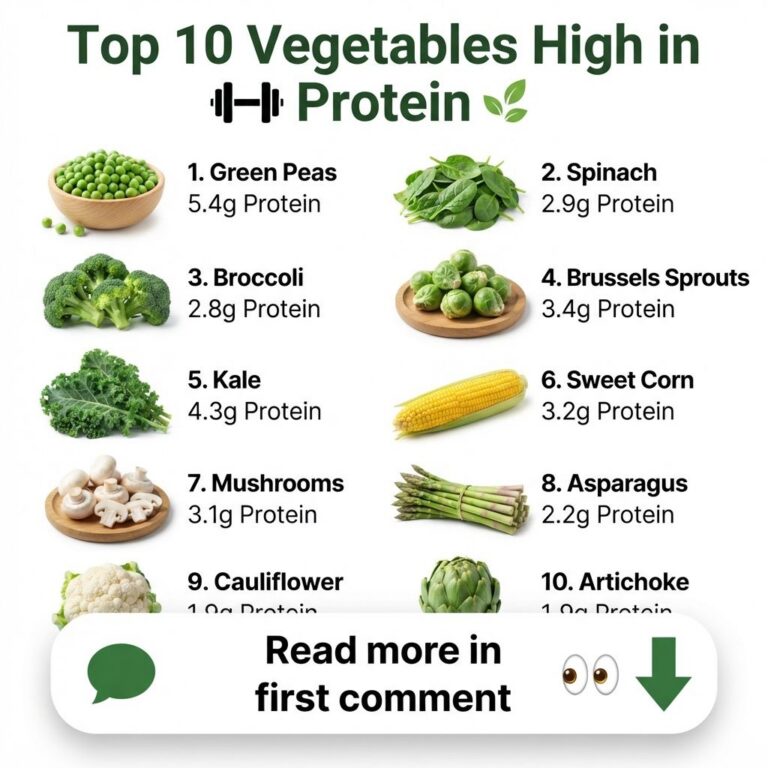 A vibrant collection of the top 10 high-protein vegetables arranged aesthetically with text overlays of their names and 