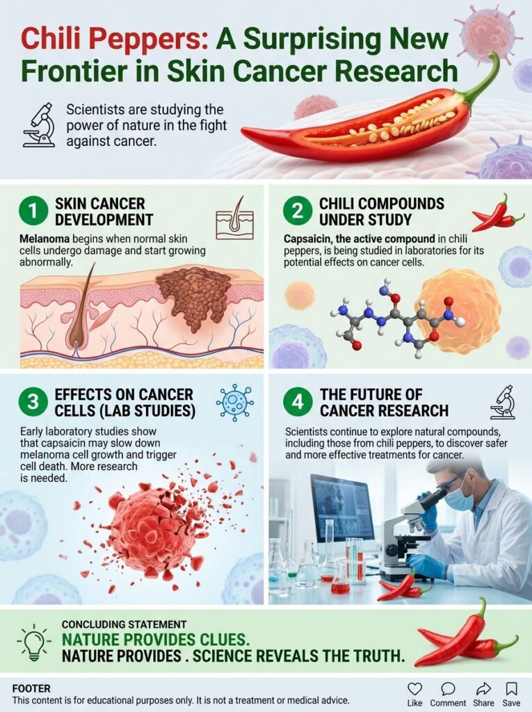 An infographic titled Chili Peppers A Surprising New Frontier in Skin Cancer Research detailing the scientific process i