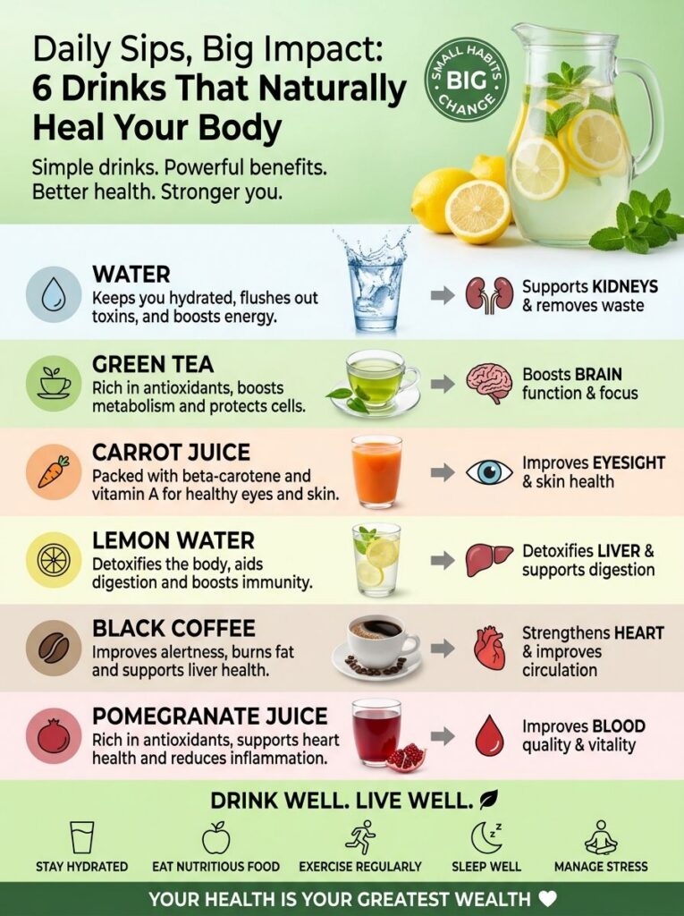 An infographic titled Daily Sips Big Impact 6 Drinks That Naturally Heal Your Body showing illustrations and brief descr