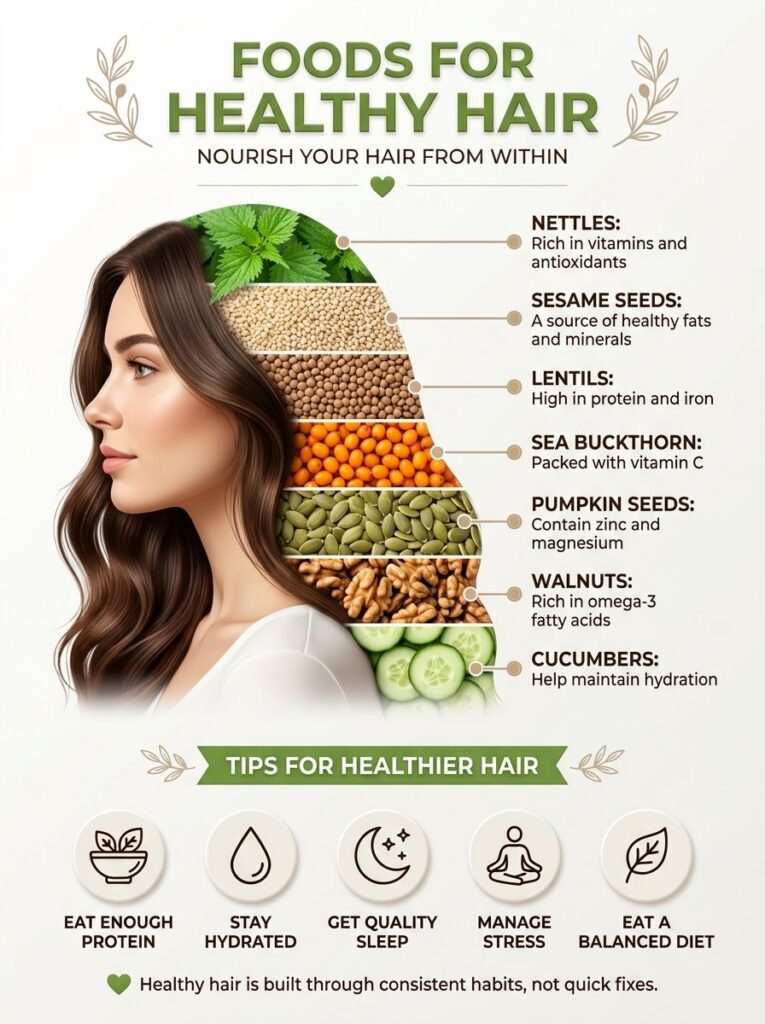 Infographic showing various foods creatively integrated into a woman s long flowing hair with descriptions of their hair
