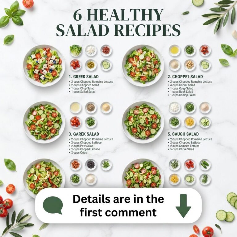 A grid layout of six different healthy salad recipes in white bowls accompanied by small dishes showing their key ingred