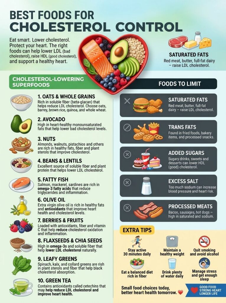 Infographic titled BEST FOODS FOR CHOLESTEROL CONTROL showing heart-shaped bowl of healthy foods a list of 10 cholestero