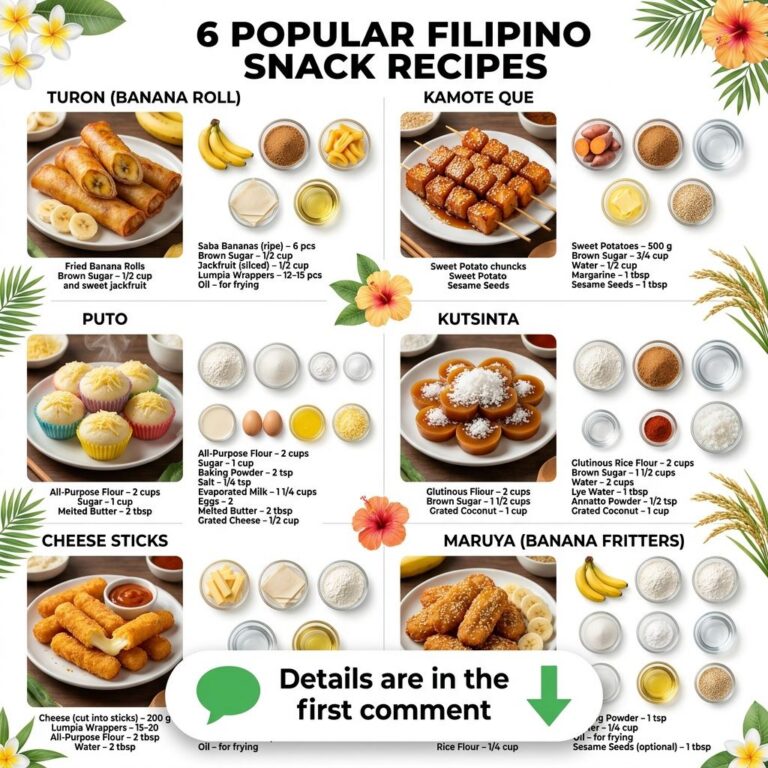 A vibrant collection of six different Filipino snacks each beautifully arranged with their raw ingredients Includes Turo