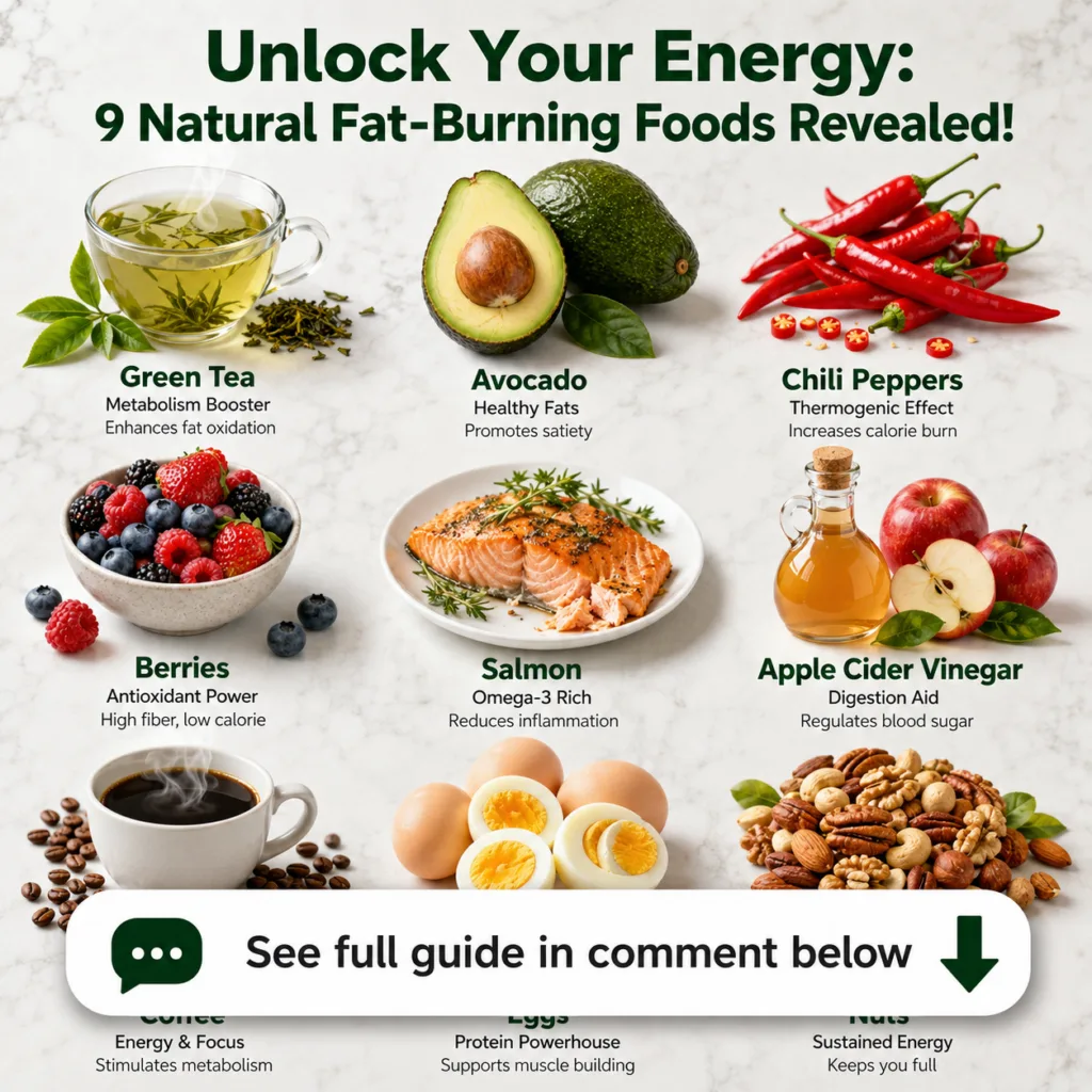 A flat lay infographic showing nine natural fat-burning foods Green Tea Avocado Chili Peppers Berries Salmon Apple Cider