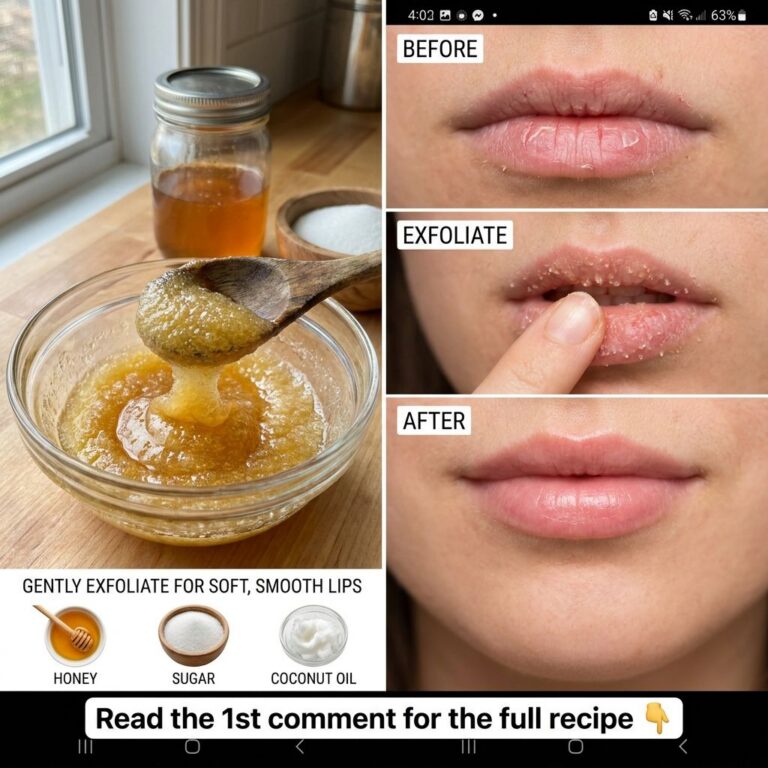 A visually informative collage showing honey sugar and coconut oil ingredients the prepared lip scrub in a bowl and a be