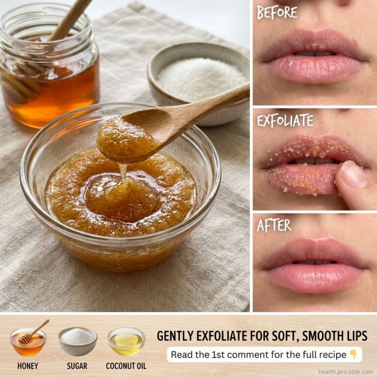 A multi-panel collage showing honey sugar and coconut oil as ingredients for a lip scrub with BEFORE and AFTER images of