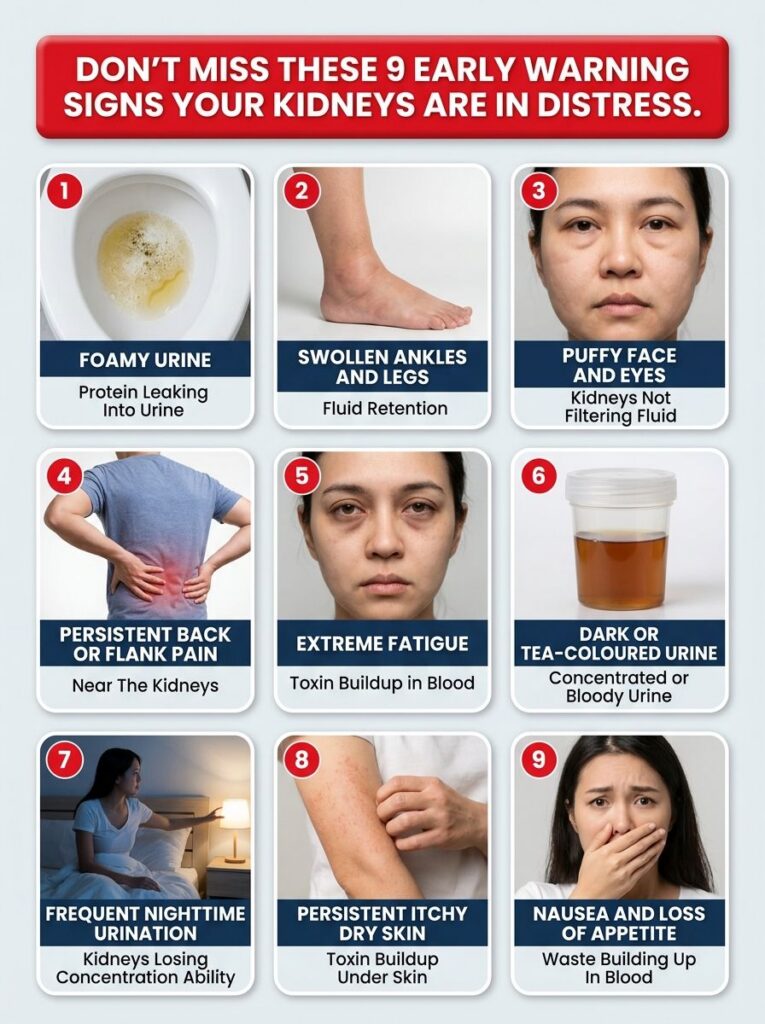 An infographic titled 9 Early Warning Signs Your Kidneys Are in Distress showing a 3x3 grid of symptoms like foamy urine