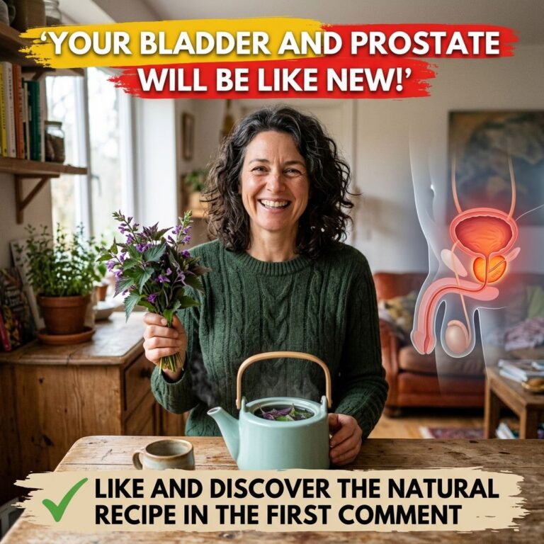 A smiling middle-aged woman in a cozy home setting holding a bunch of purple herbs with a teapot and cup on a wooden tab