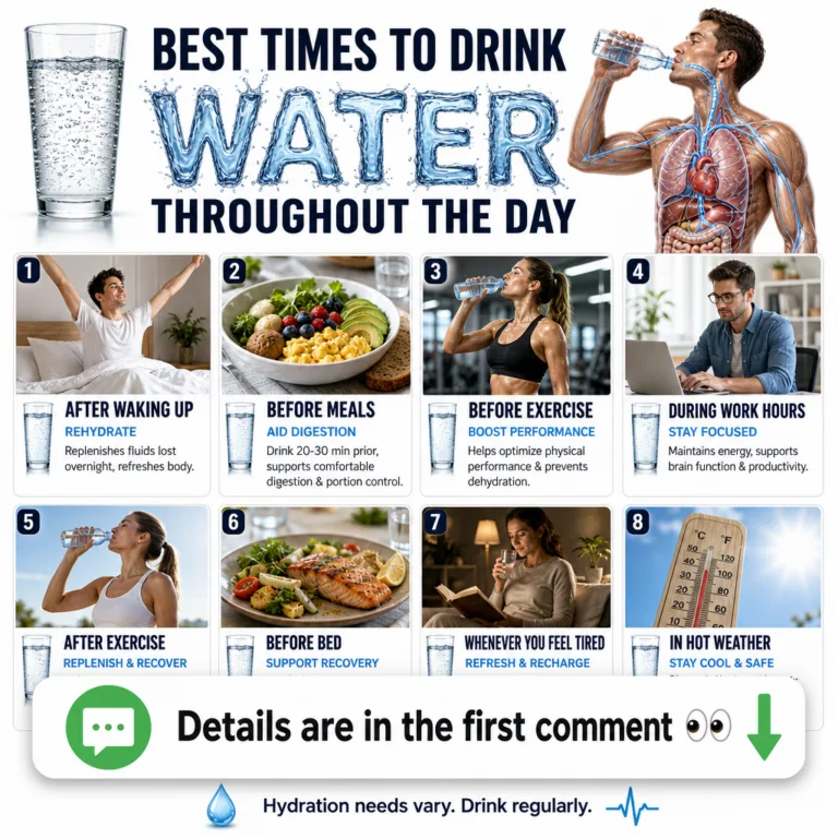 An infographic titled BEST TIMES TO DRINK WATER THROUGHOUT THE DAY showing 8 panels with scenarios like waking up before
