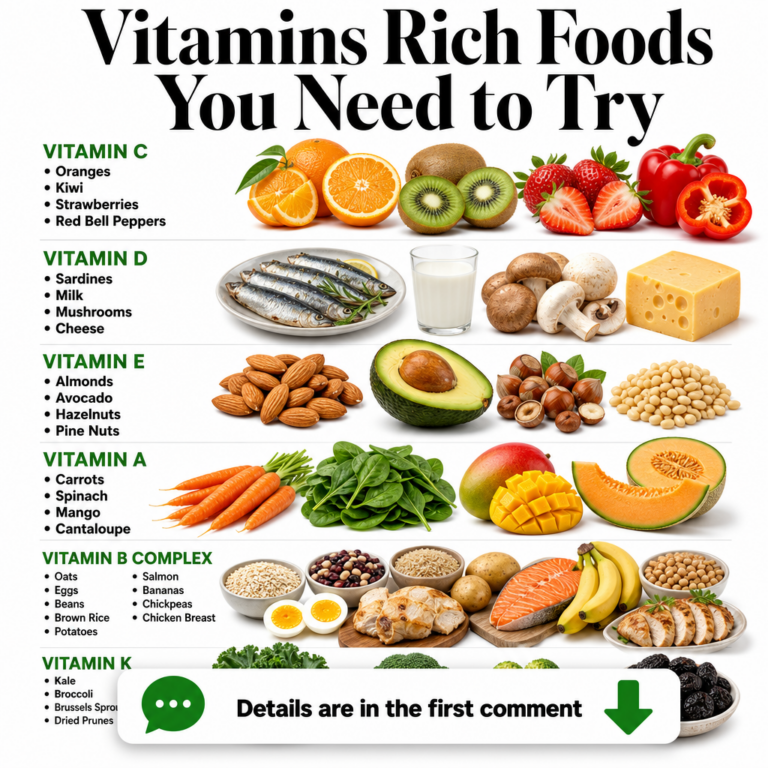A vibrant array of vitamin-rich foods organized by vitamin type Vitamin C strawberries oranges bell peppers broccoli kal