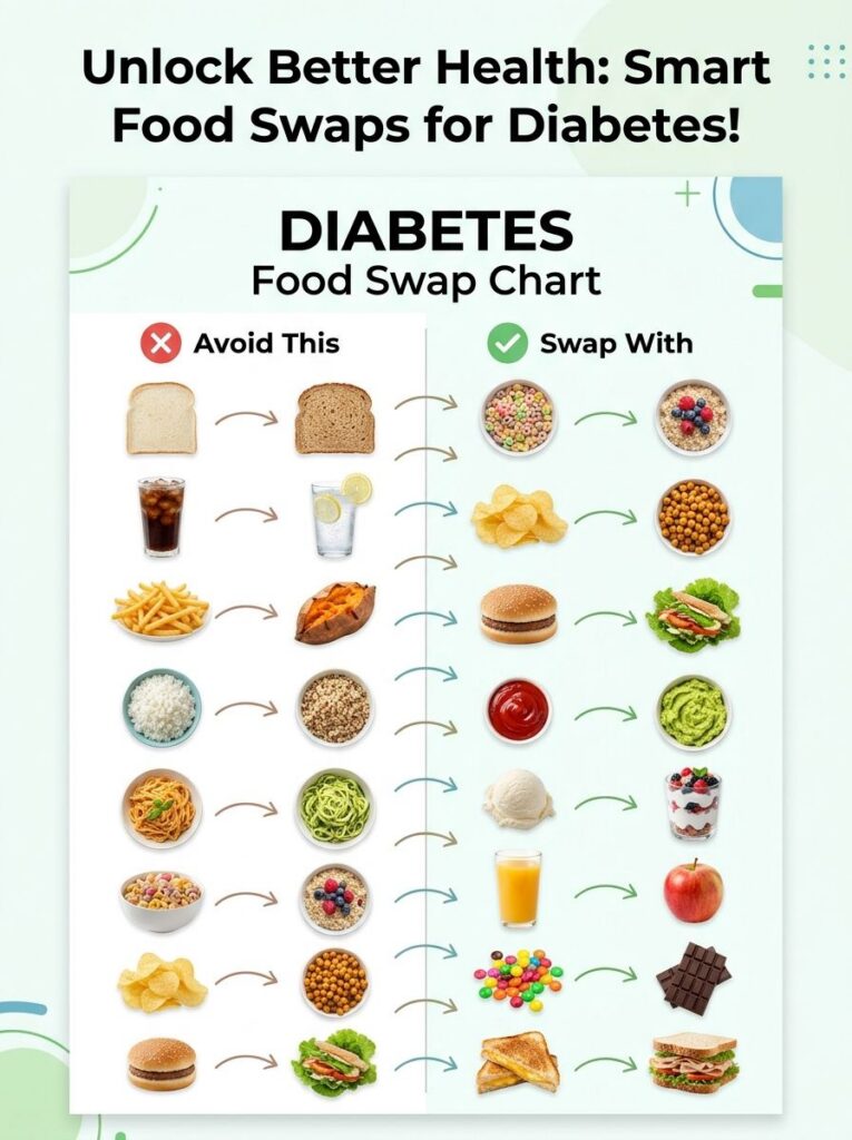 An infographic showing common unhealthy foods on one side e g white bread soda and their healthy alternatives for diabet