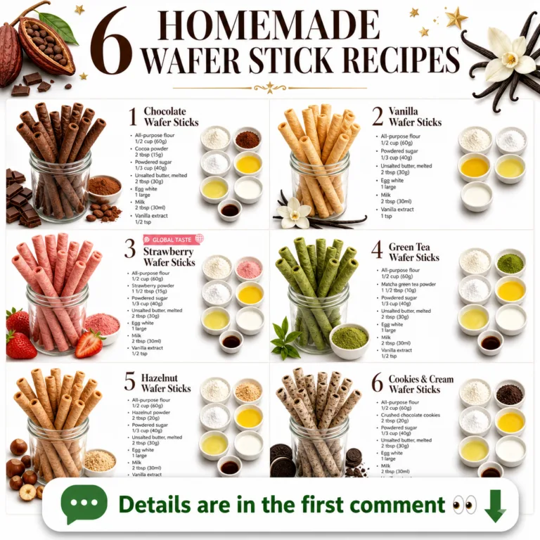 An infographic titled 6 HOMEMADE WAFER STICK RECIPES displaying six different types of wafer sticks in jars each with co