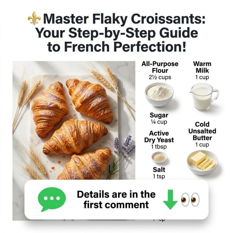 Four perfectly baked golden-brown croissants dusted with powdered sugar arranged on a white marble board with wheat stal