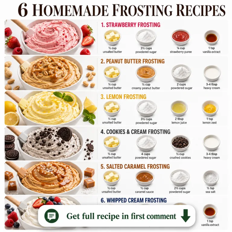 A top-down view of six distinct homemade frosting recipes laid out in a grid Each section shows a finished bowl of frost