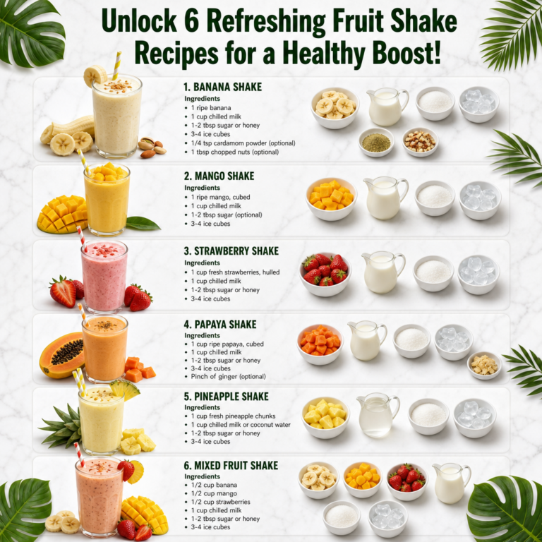 A comprehensive infographic showing six different fruit shake recipes each with its fruit ingredients milk sugar and ice