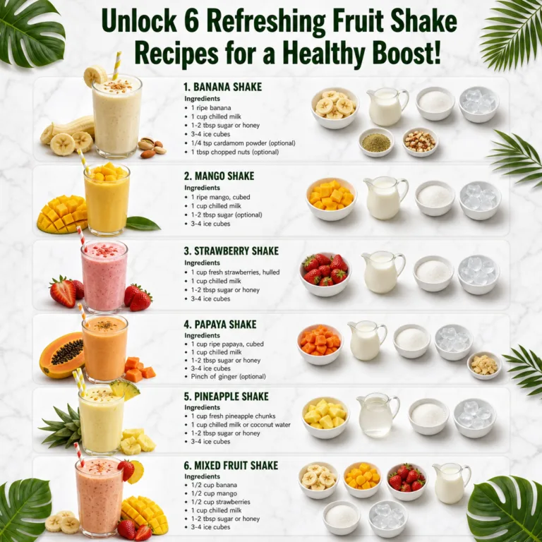 A comprehensive infographic showing six different fruit shake recipes each with its fruit ingredients milk sugar and ice
