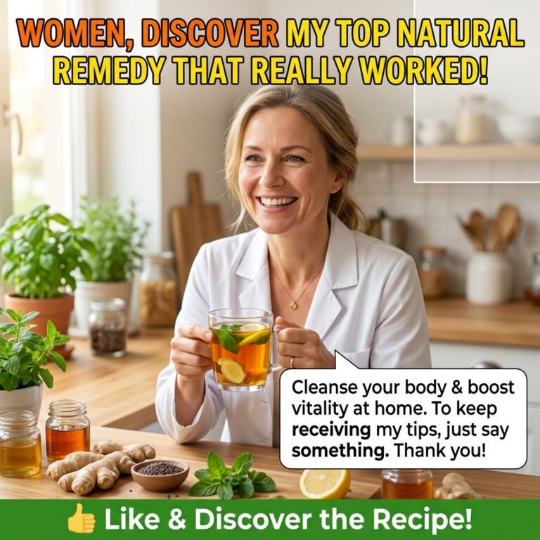 A smiling middle-aged woman holding a glass mug of herbal tea with lemon and ginger in a bright kitchen surrounded by fr