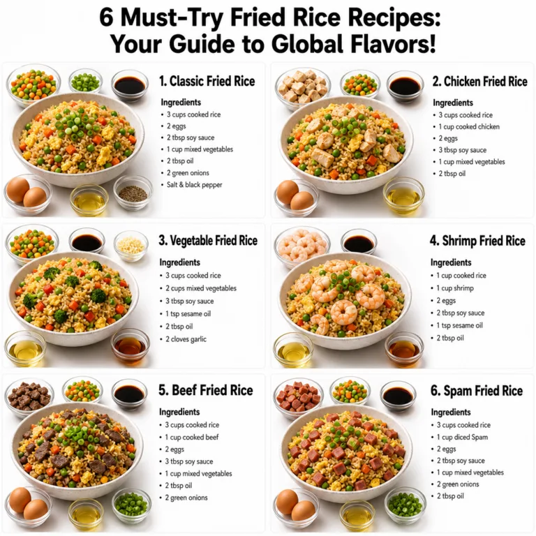 A vibrant collage or grid showing six different types of fried rice bowls each with its unique ingredients like chicken 