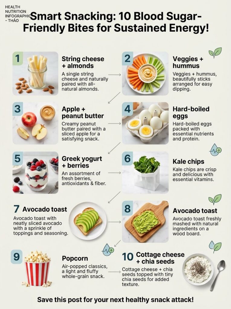 An infographic titled Smart Snacking 10 Blood Sugar-Friendly Bites for Sustained Energy showing ten different healthy sn